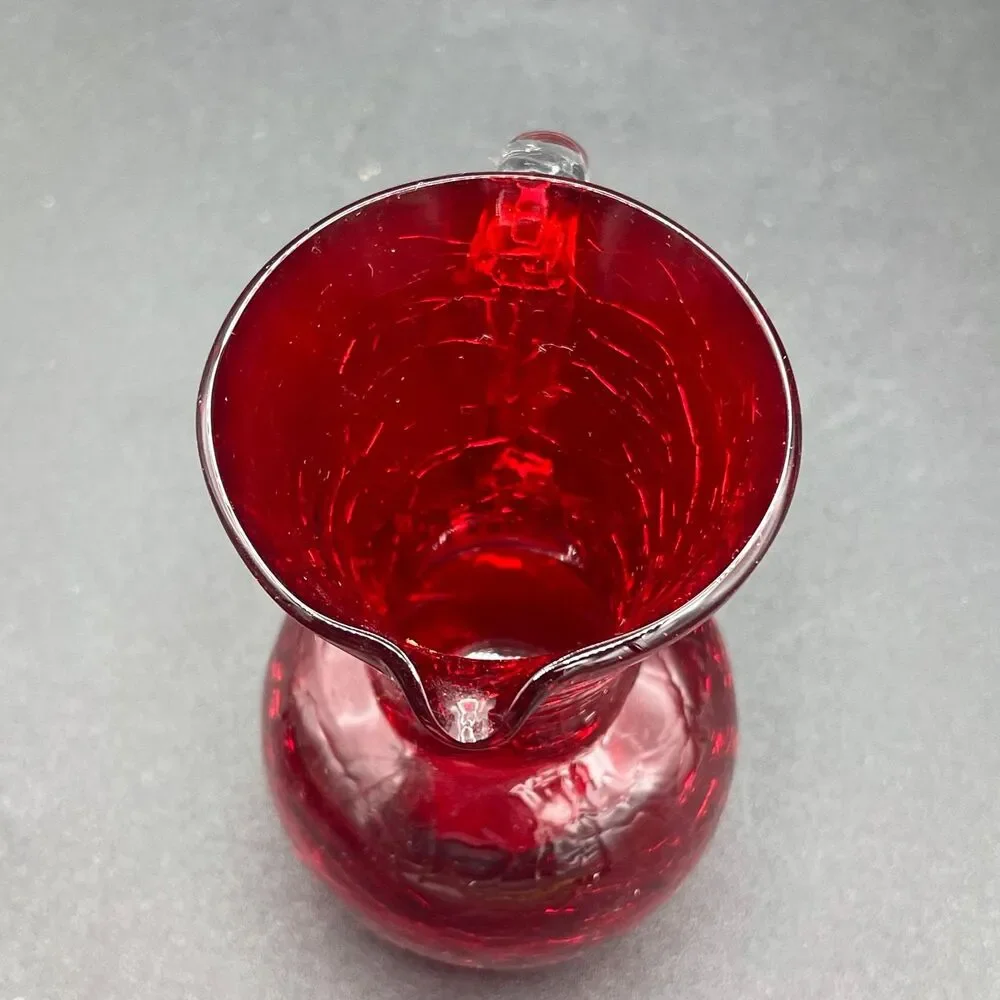 Vintage Ruby Red Crackle Glass Mini Pitcher Applied Clear Handle Pontil Mark